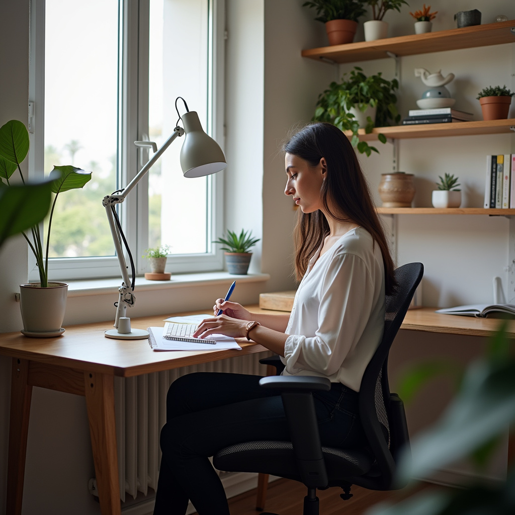 Planning a small home office layout, desk near window, ergonomic chair, shelves, Brazilian woman, Planejamento do layout de um home office pequeno com mesa perto da janela.