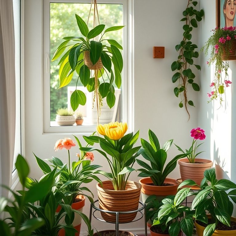Plantas e flores em vasos no quarto de menina, trazendo a natureza para dentro.