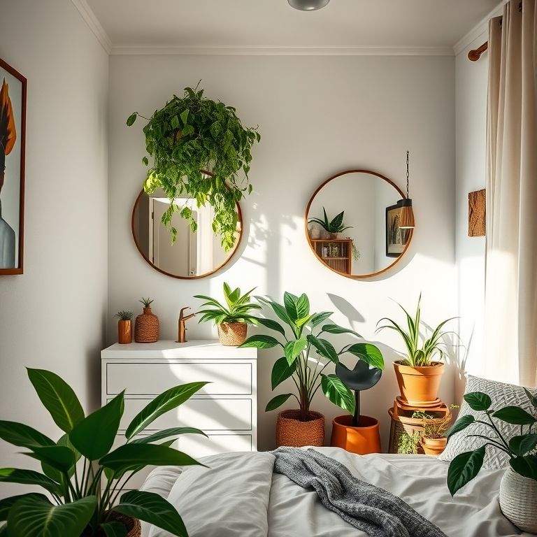 Plantas trazendo vida e alegria para o quarto com penteadeira.