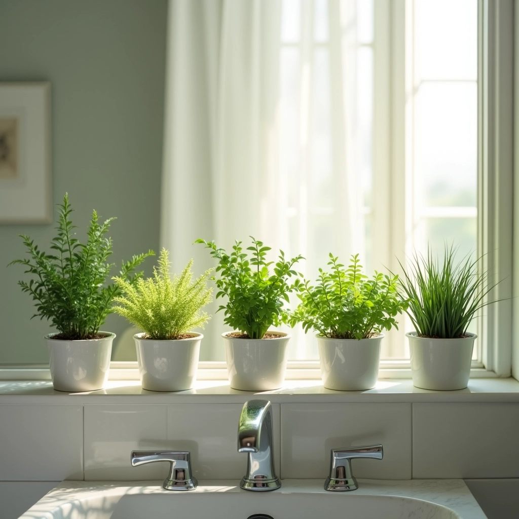 Pequenas plantas em vasos decorando a prateleira de um banheiro.