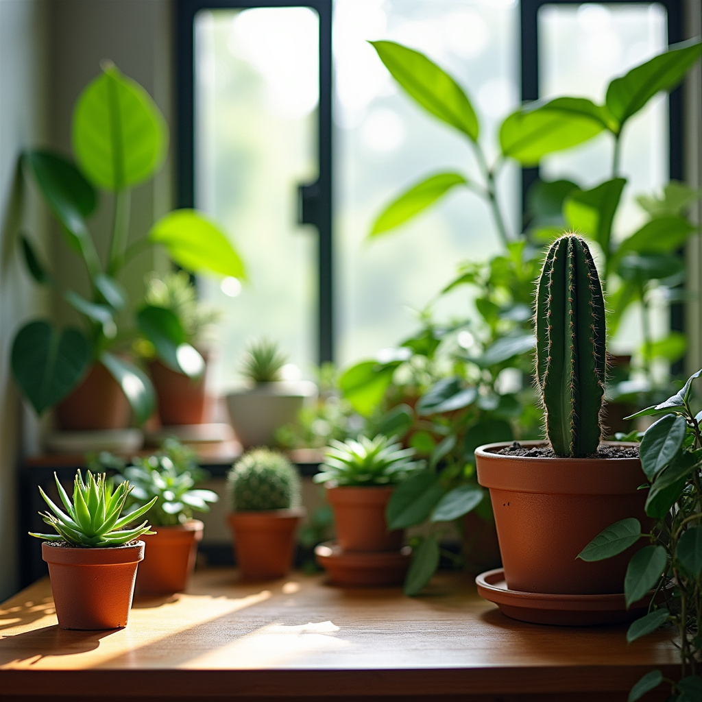 Plants in small home office, succulents, cacti, green decor, natural light, Brazilian style, Plantas decorando e purificando o ar em home office pequeno.