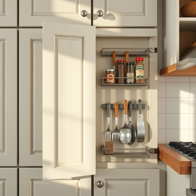 Porta do armário da cozinha com porta-temperos e utensílios.