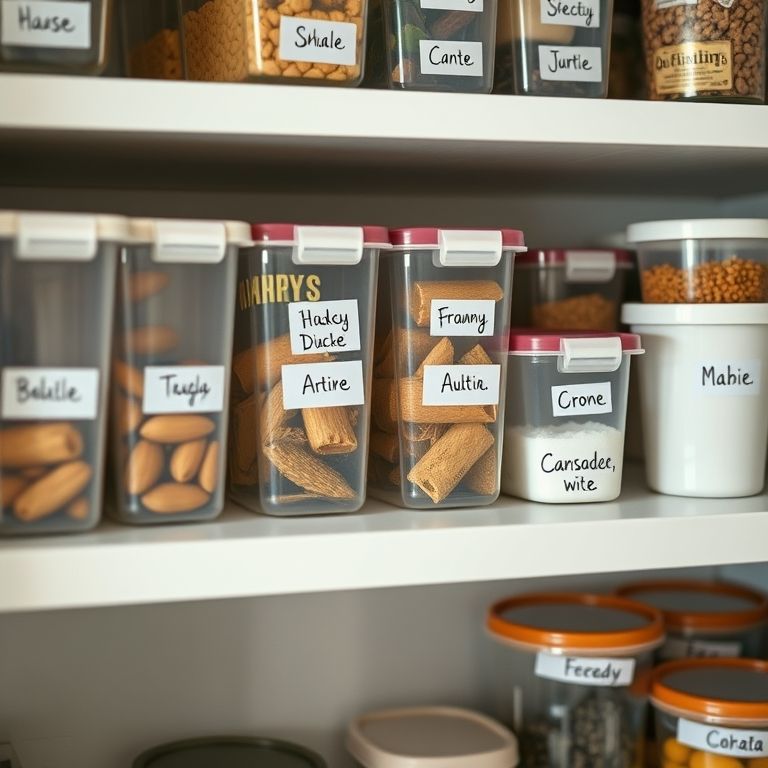 Potes de plástico etiquetados em prateleira.