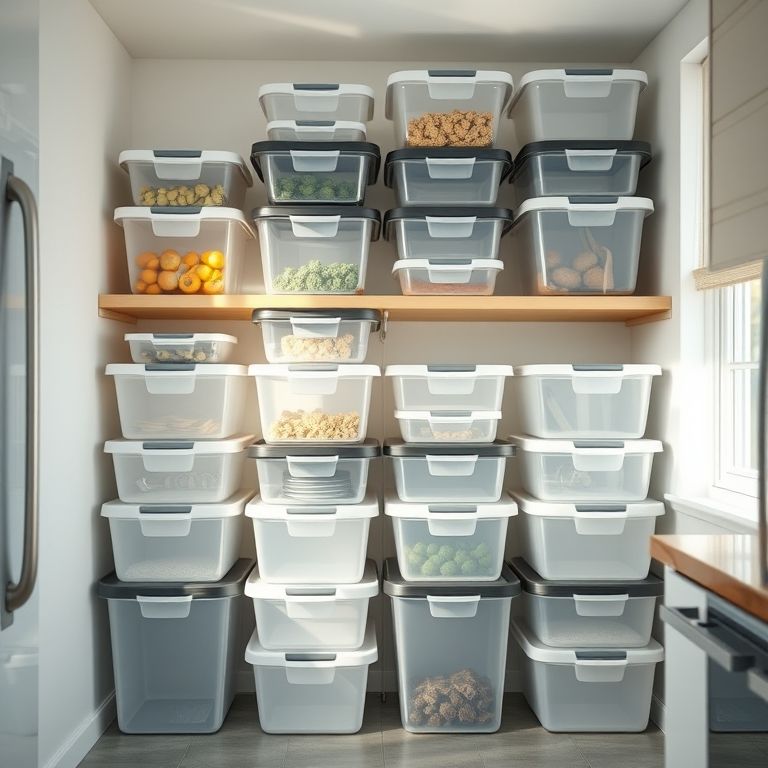 Potes de plástico modulares empilhados de forma organizada.