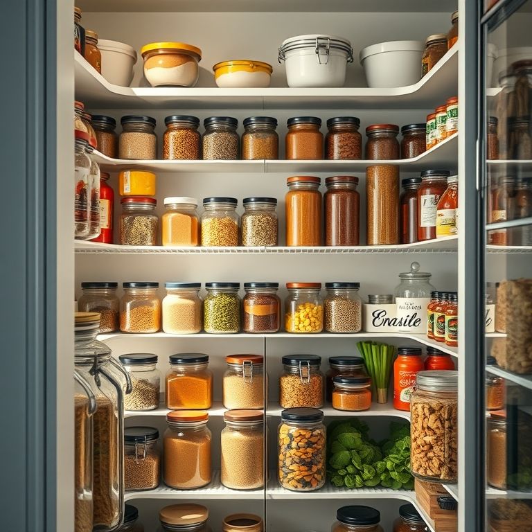 Potes de vidro armazenando alimentos na despensa de forma organizada.
