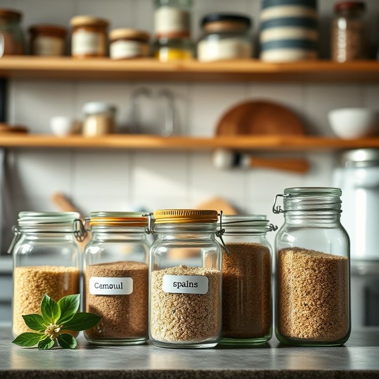 Potes de vidro na cozinha com especiarias e grãos etiquetados.