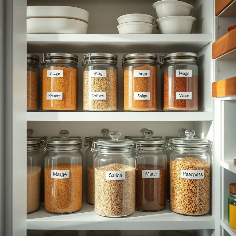 Potes herméticos transparentes organizando alimentos em despensa de cozinha brasileira.