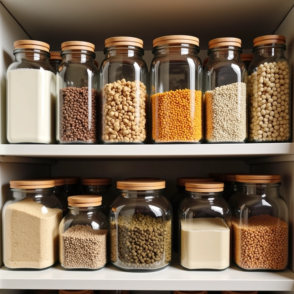 Potes transparentes de diversos tamanhos armazenando alimentos secos em uma despensa.
