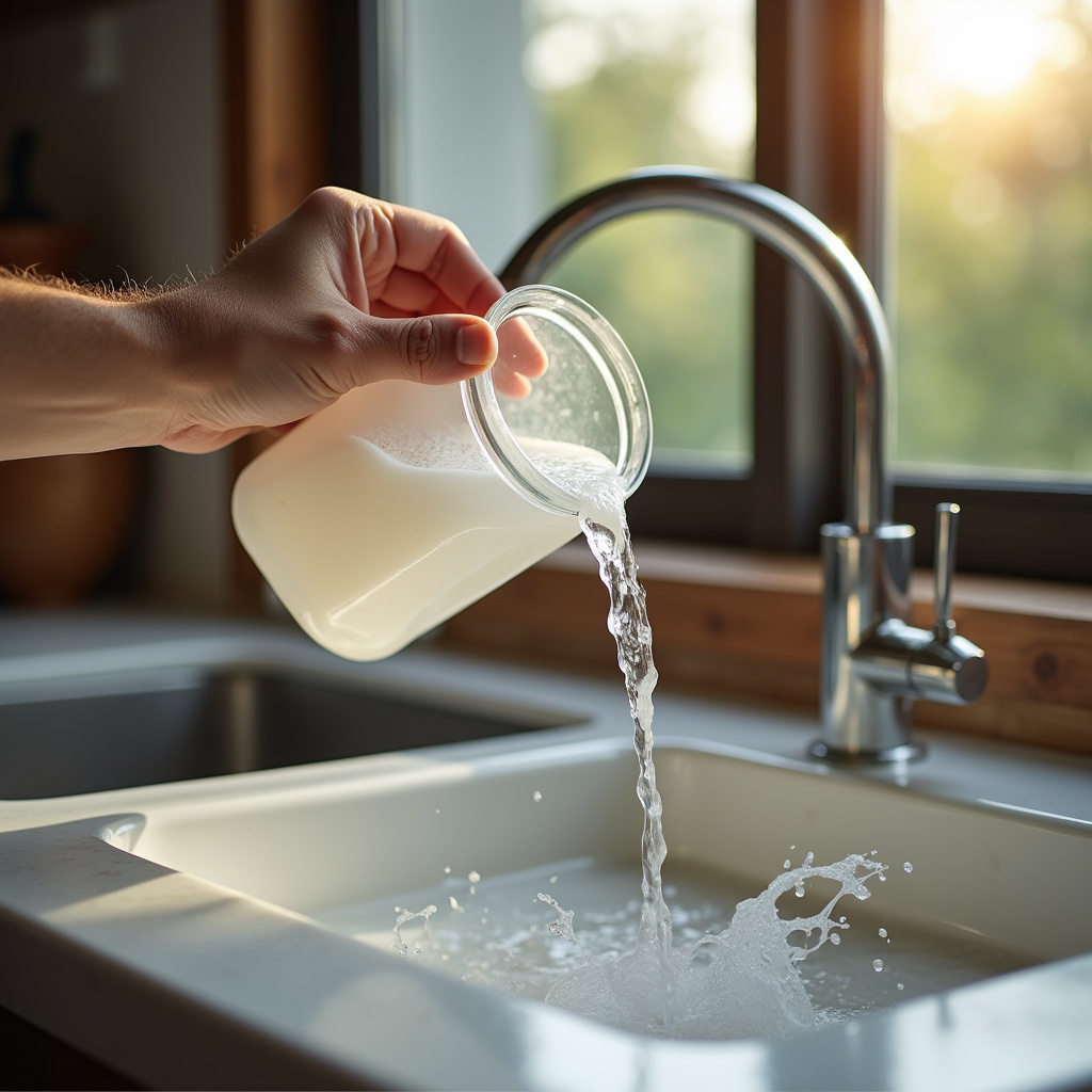 Pouring baking soda and vinegar down drain, unclogging, natural light, professional photography, 8K Desentupindo ralo com bicarbonato e vinagre.