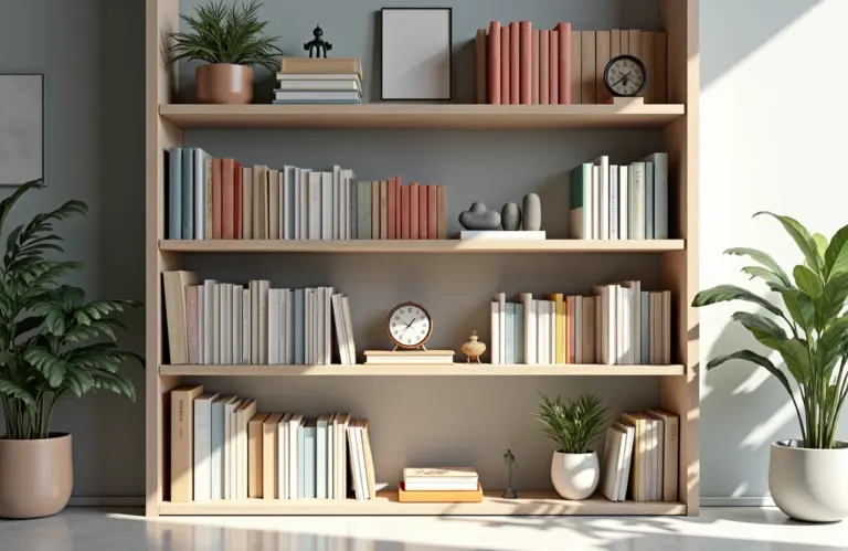 Uma estante de livros moderna e colorida, com livros organizados por cor e tamanho, junto a objetos decorativos que trazem personalidade ao ambiente, mostrando como organizar livros na estante de forma criativa.