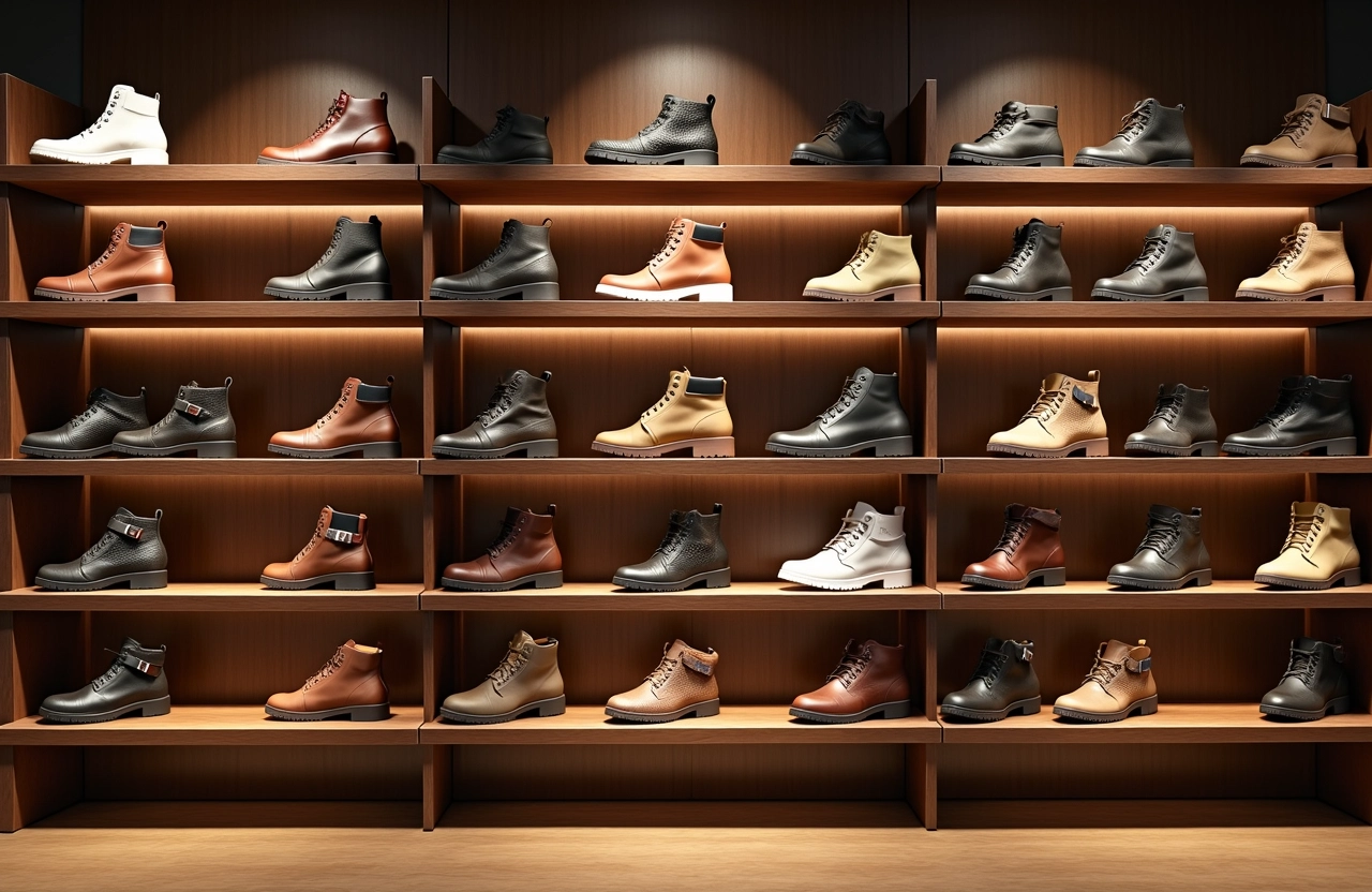 Prateleiras abertas exibindo diferentes tipos de sapatos.