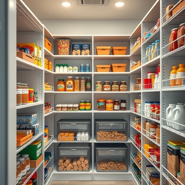 Prateleiras ajustáveis e organizadores modulares na despensa.