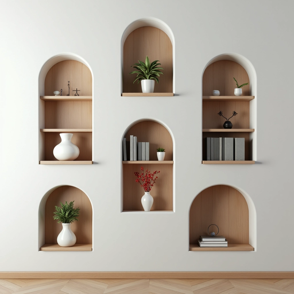 Prateleiras e nichos organizando objetos decorativos e livros na parede.