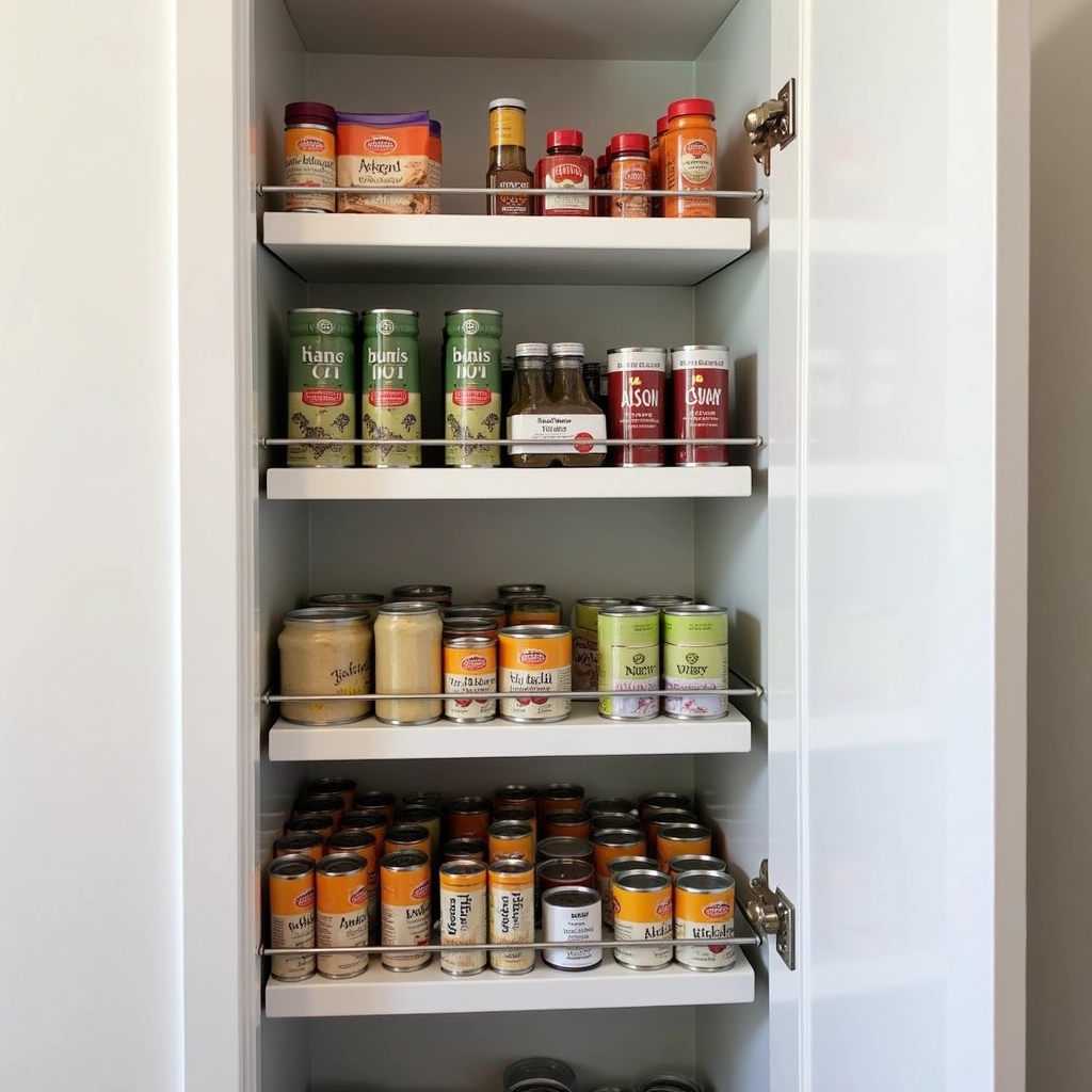 Prateleiras ajustáveis em uma despensa, adaptadas para diferentes alturas de produtos.