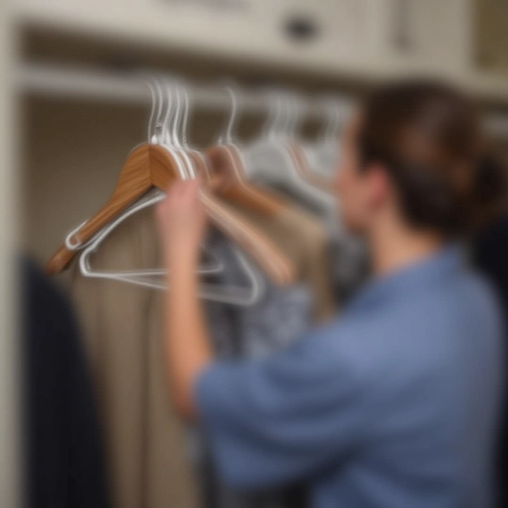 Uma pessoa organizando o guarda-roupa de forma rápida e eficiente, utilizando cabides iguais.