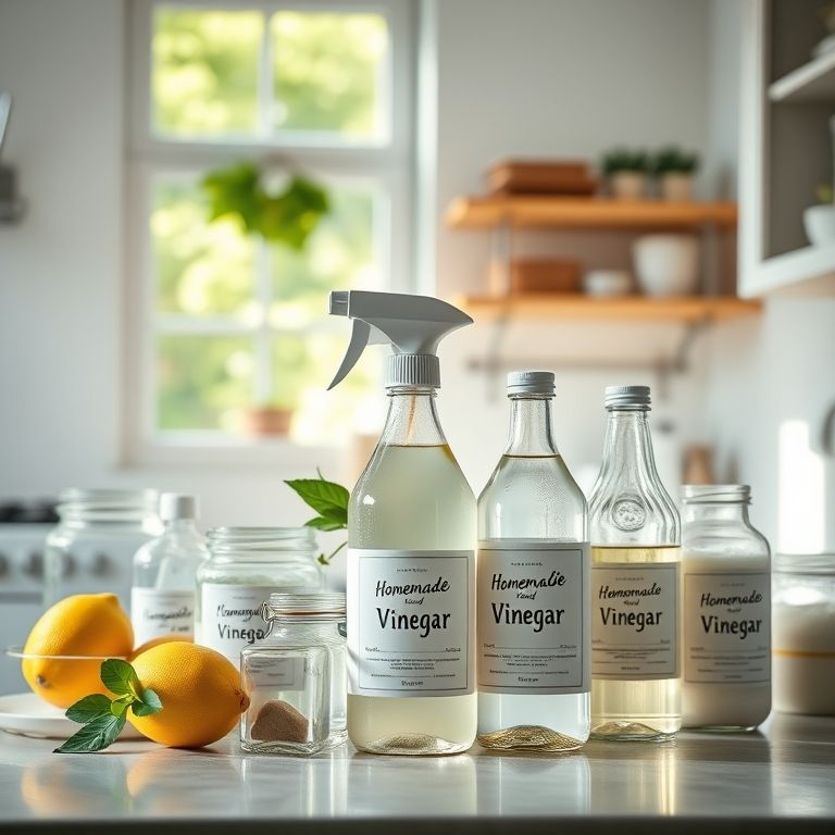 Produtos de limpeza caseiros em uma cozinha brasileira ensolarada.