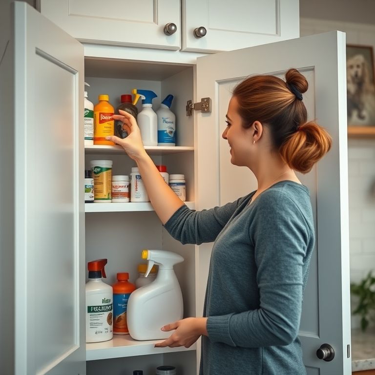Produtos de limpeza e remédios em locais seguros.