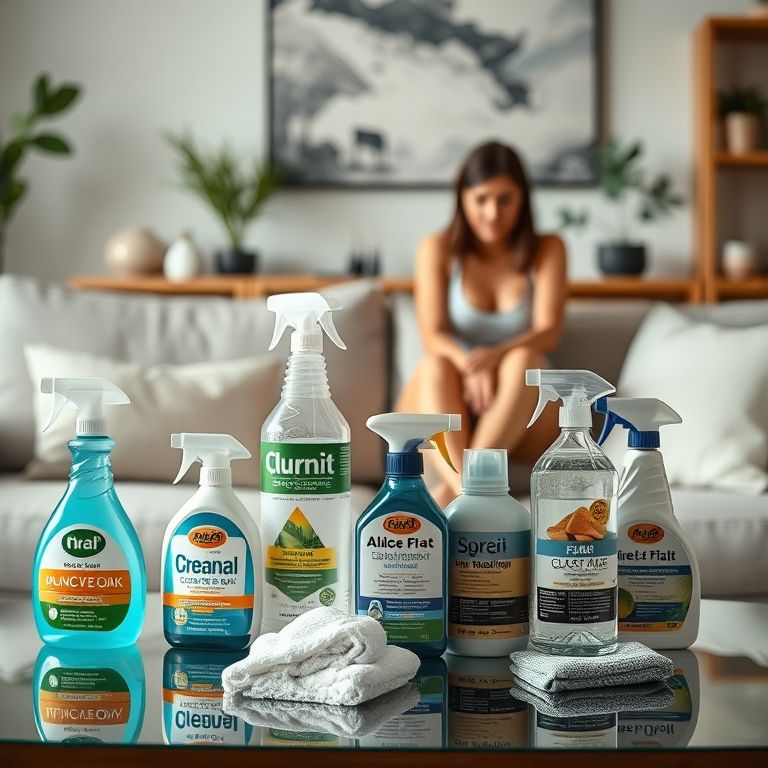 Produtos de limpeza específicos para estofados em mesa.