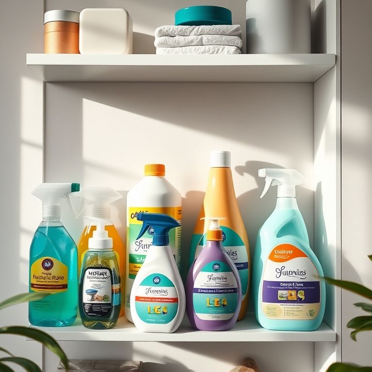Produtos de limpeza versáteis organizados em prateleira.