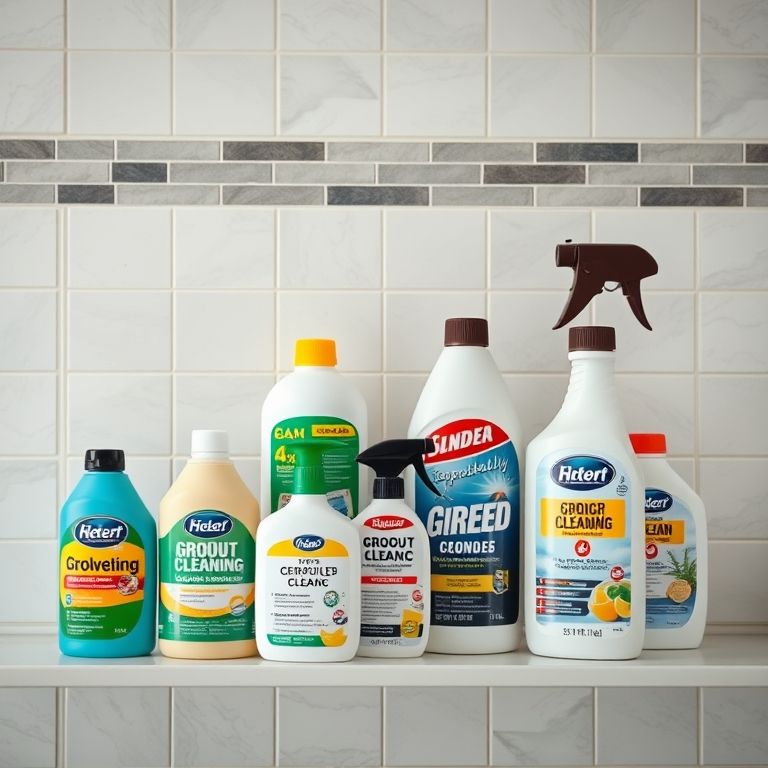 Produtos específicos para limpeza de rejuntes em uma prateleira de banheiro.