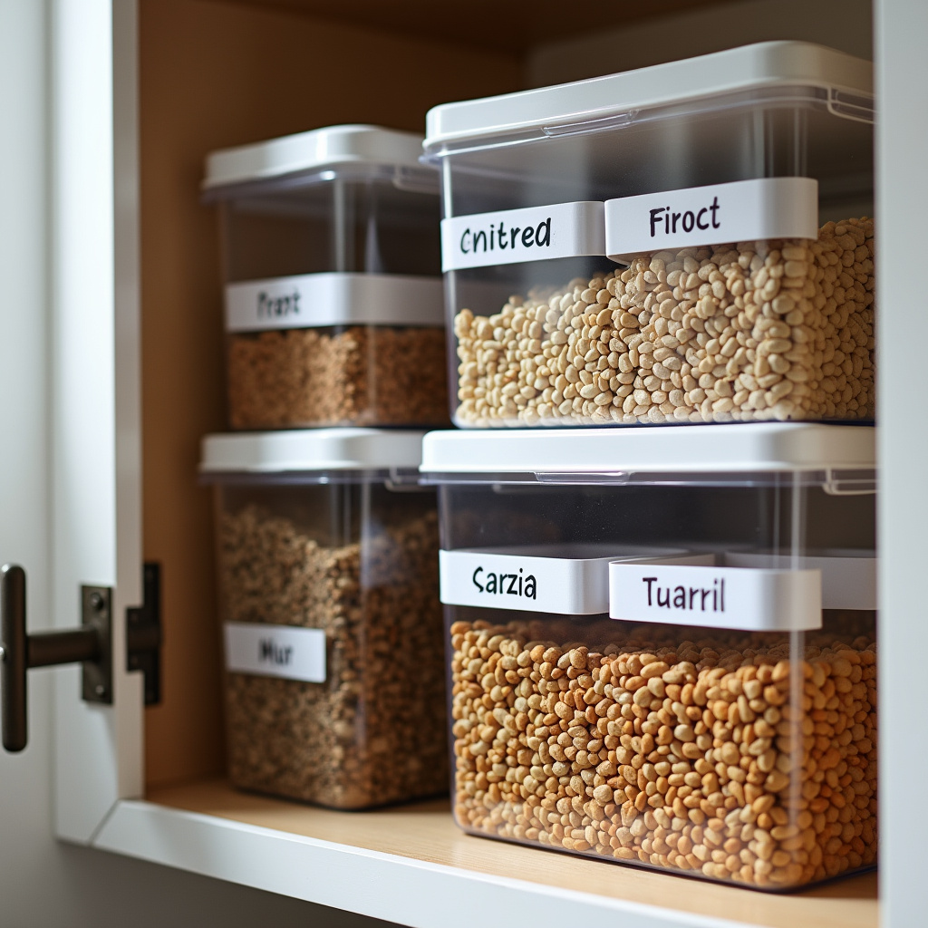 Professional photography, 8K, kitchen cabinet interior, organized plastic containers with labeled Armário de cozinha organizado com potes plásticos identificados.