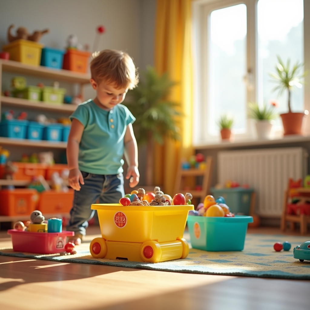 Professional photography, 8K quality, sharp focus, hyper-realistic, lifestyle photography, colorful Quarto infantil organizado com caixas plásticas para brinquedos.
