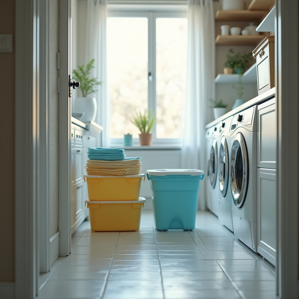 Professional photography, 8K quality, sharp focus, hyper-realistic, lifestyle photography, laundry Lavanderia organizada com caixas plásticas empilháveis.