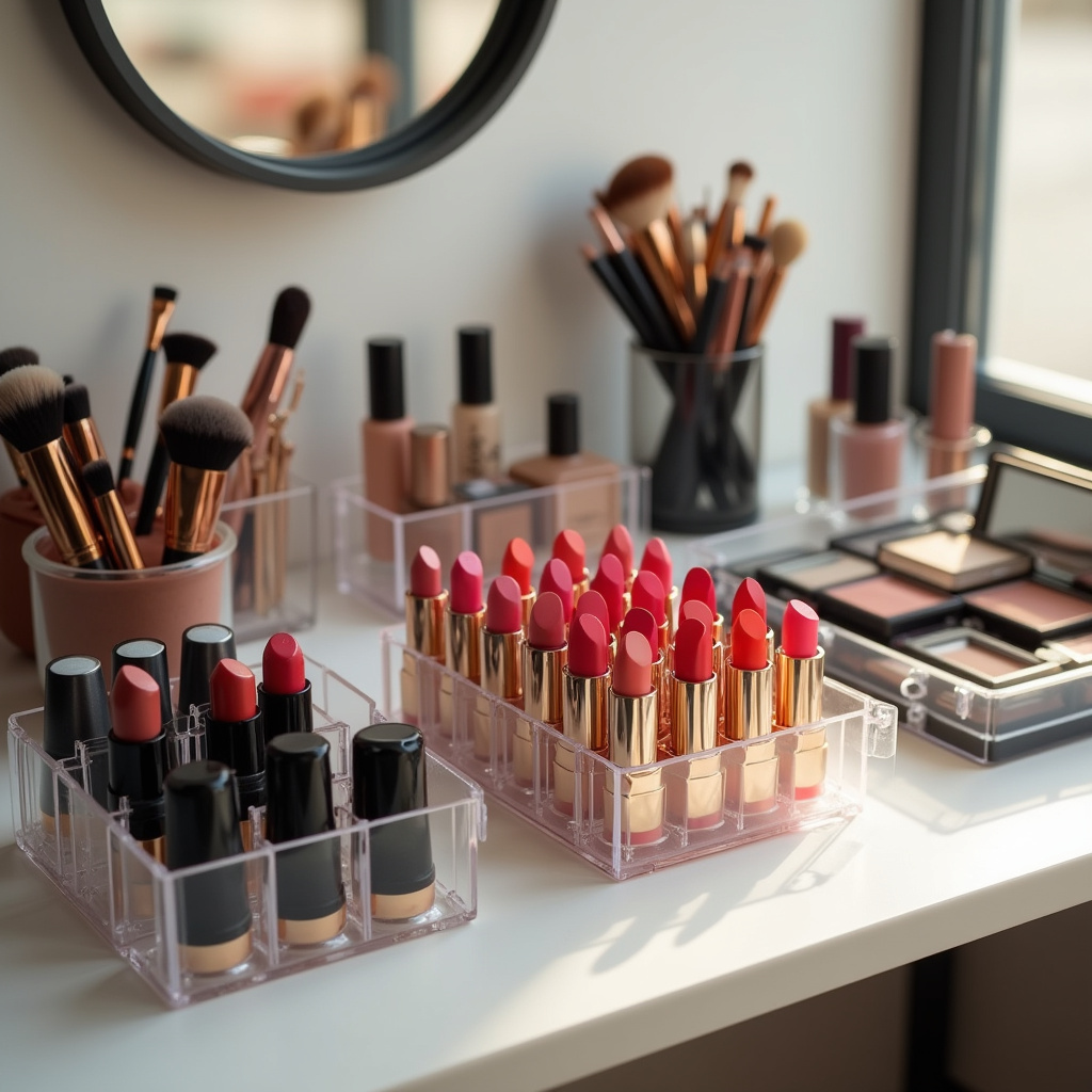 Professional photography, 8K quality, sharp focus, hyper-realistic, lifestyle photography, makeup Maquiagem organizada com potes plásticos.
