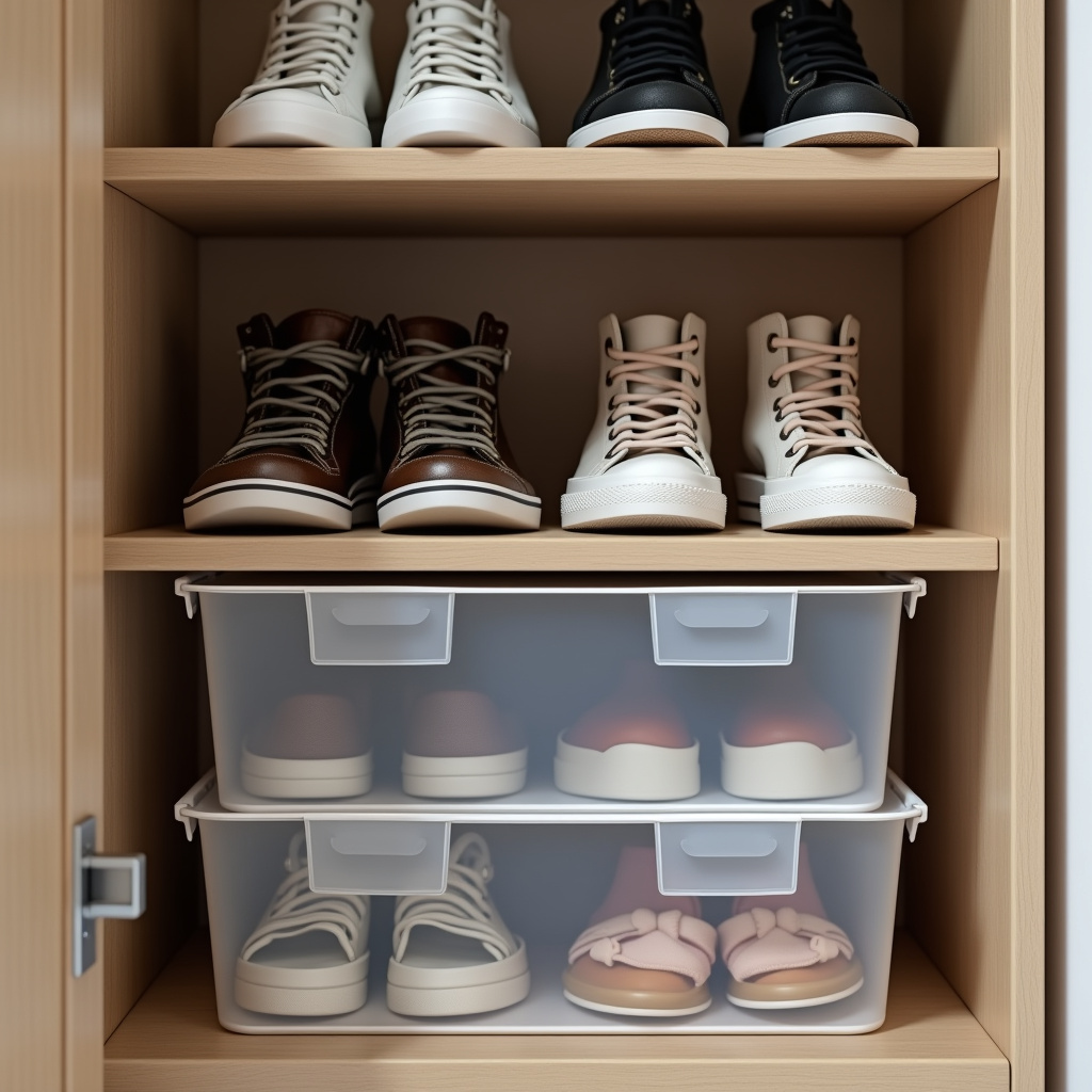 Professional photography, 8K quality, sharp focus, hyper-realistic, lifestyle photography, closet Sapatos organizados em caixas plásticas transparentes.