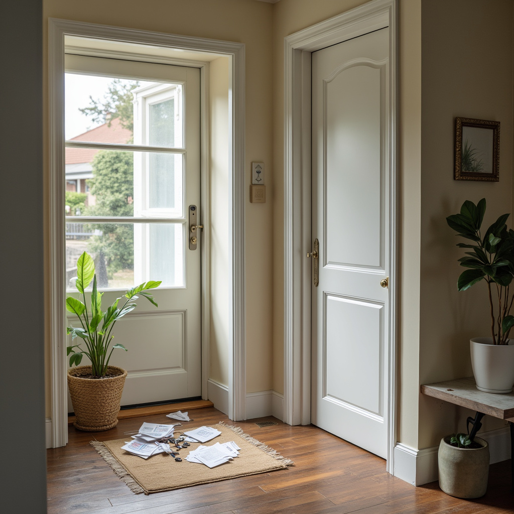 Professional photography of a cluttered entryway with keys and mail scattered, contrasted with an Entrada desorganizada vs organizada com local para chaves e correspondência.