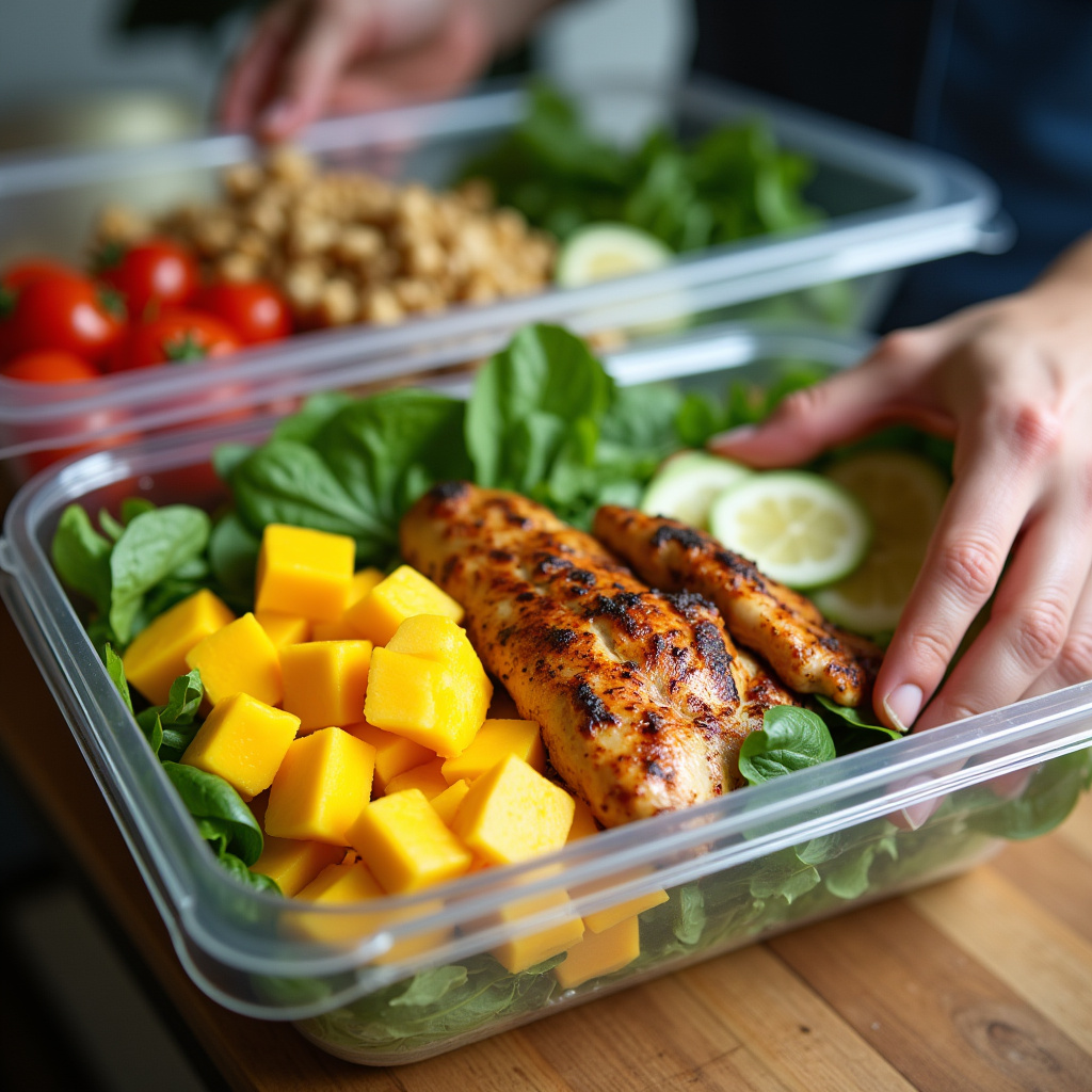 Proper storage of grilled chicken mango salad ingredients in containers. Natural light, vibrant Como conservar a salada de frango com manga.