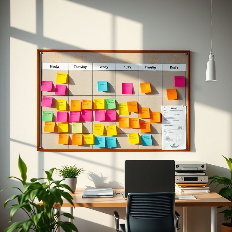 Quadro de organização semanal com notas coloridas e lembretes.