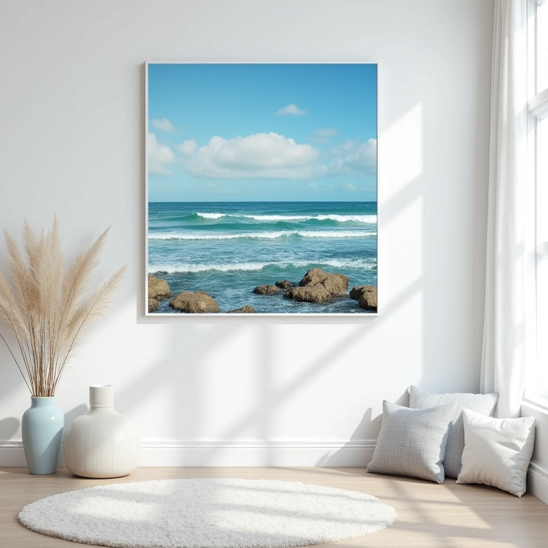 Quadros com cenas oceânicas, parede de galeria com tema costeiro.