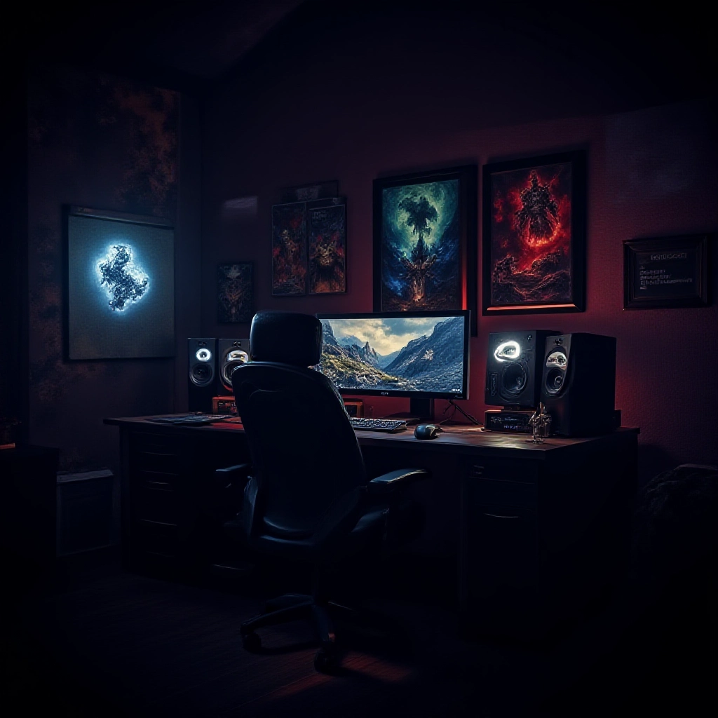 Quadros e posters com temas de jogos decorando as paredes do quarto gamer.