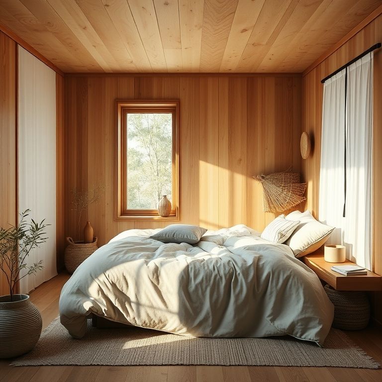 Quarto aconchegante com materiais naturais e iluminação suave.