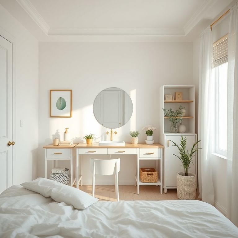 Quarto clean e organizado com cores claras e penteadeira.