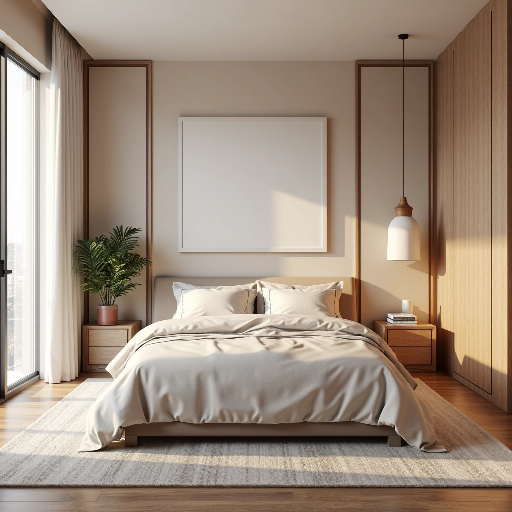 Quarto de casal com paredes e móveis em tons claros.