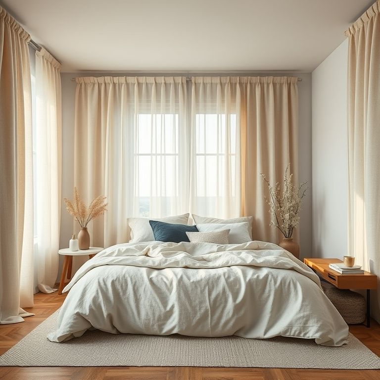 Quarto com cortinas de linho e roupa de cama de algodão.