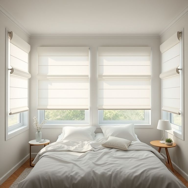 Quarto com cortinas romanas brancas, privacidade e conforto em estilo minimalista brasileiro.