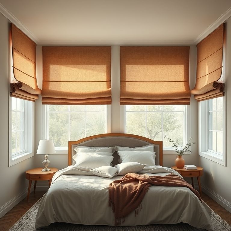 Quarto com cortinas romanas de tecido encorpado, privacidade e aconchego em estilo brasileiro.