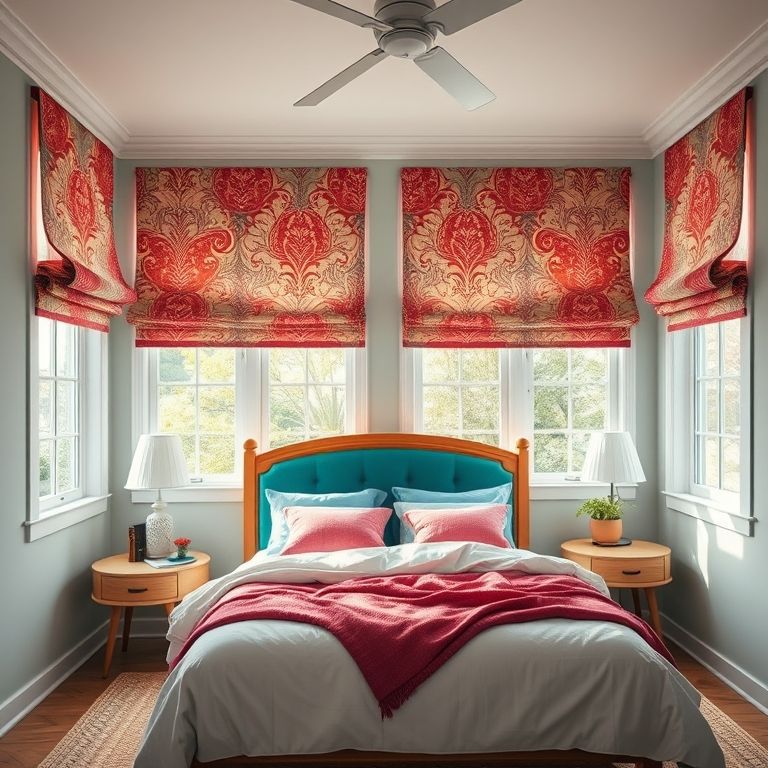 Quarto com cortinas romanas estampadas, adicionando personalidade e estilo com cores vibrantes.