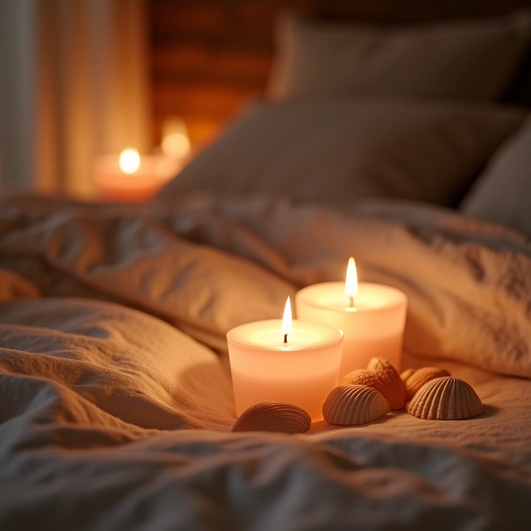 Quarto com iluminação suave e acolhedora, velas de concha.