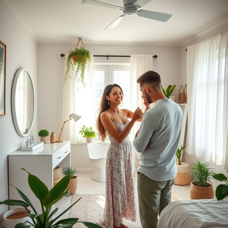 Quarto de casal iluminado com penteadeira e decoração brasileira vibrante.