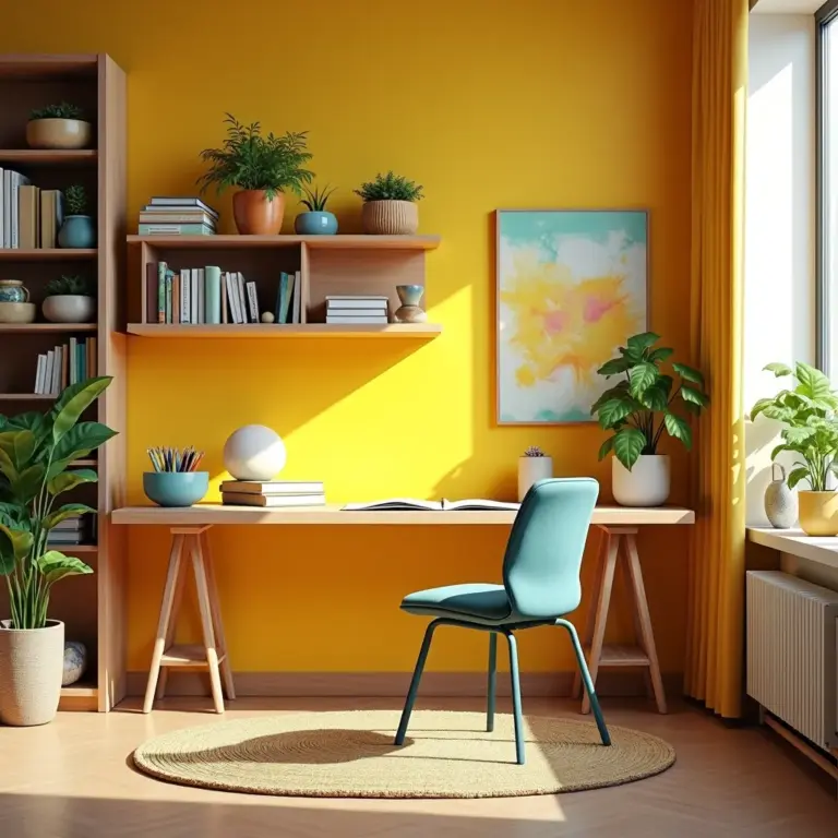 Quarto de estudo infantil organizado e colorido com estilo brasileiro.