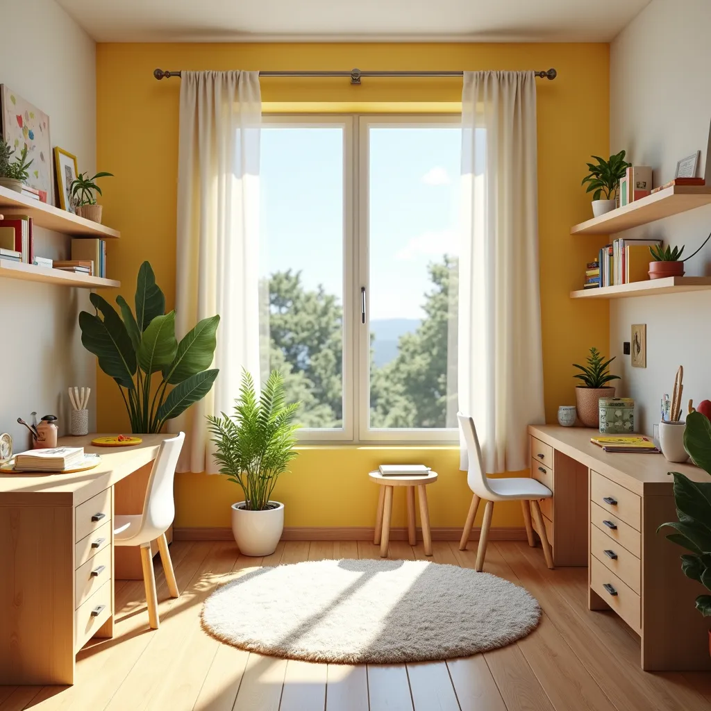 Quarto de estudos infantil com cores claras e iluminação adequada.