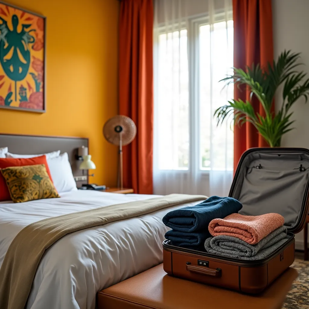 Quarto de hotel organizado com mala aberta e roupas dobradas.