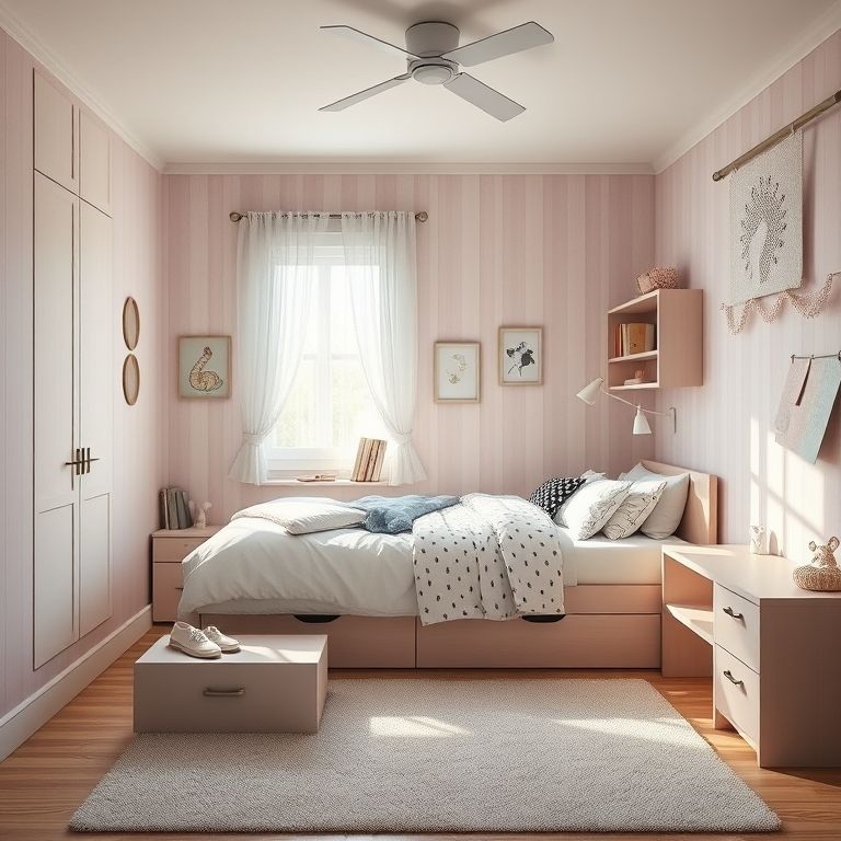 Quarto de menina com cama multifuncional e gavetas embutidas.