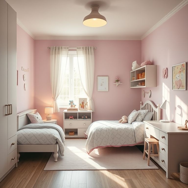 Quarto de menina com móveis seguros, sem cantos afiados e com dispositivos de segurança.
