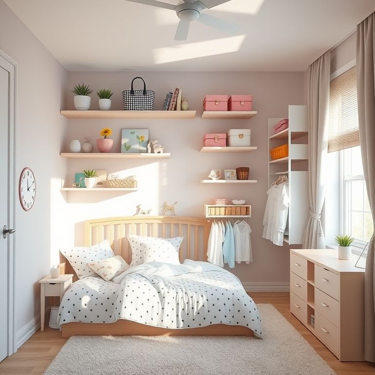 Quarto de menina com soluções de armazenamento vertical: prateleiras e organizadores de parede.