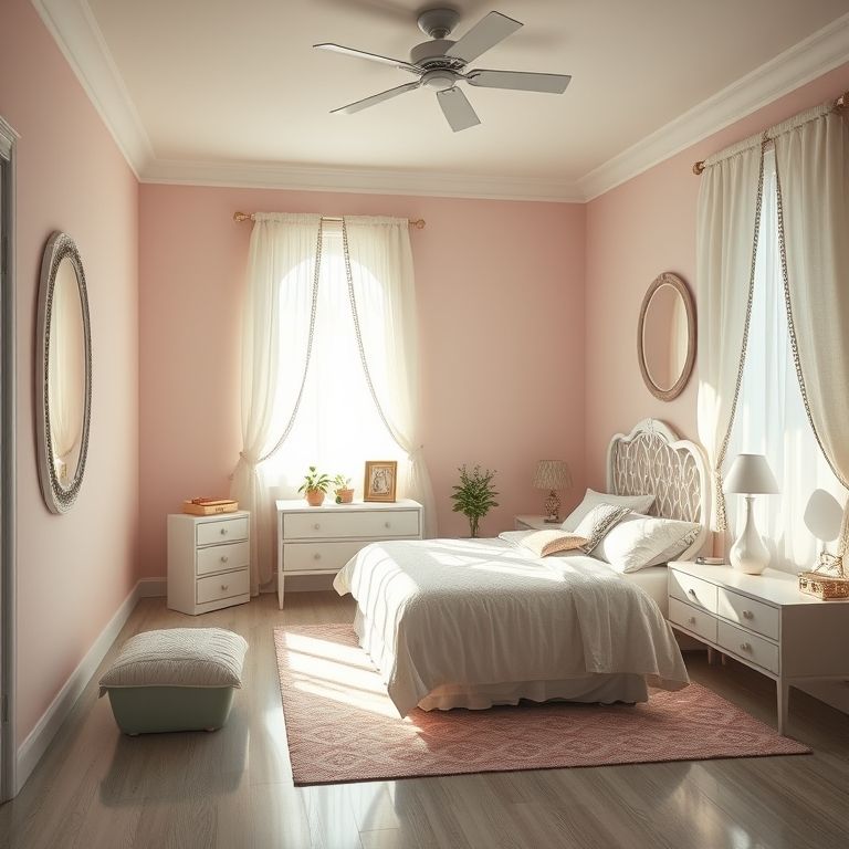 Quarto de menina com um grande espelho, ampliando o espaço e refletindo a luz.